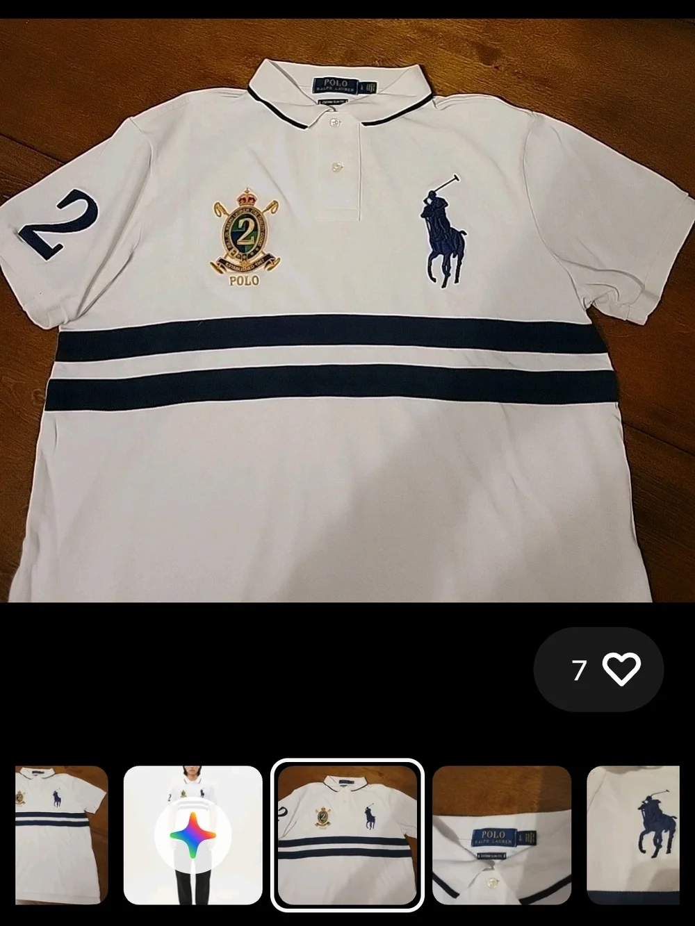 Ralph Lauren White Polo Shirt with Navy Stripes & Pony Logo - Picture 1 of 10